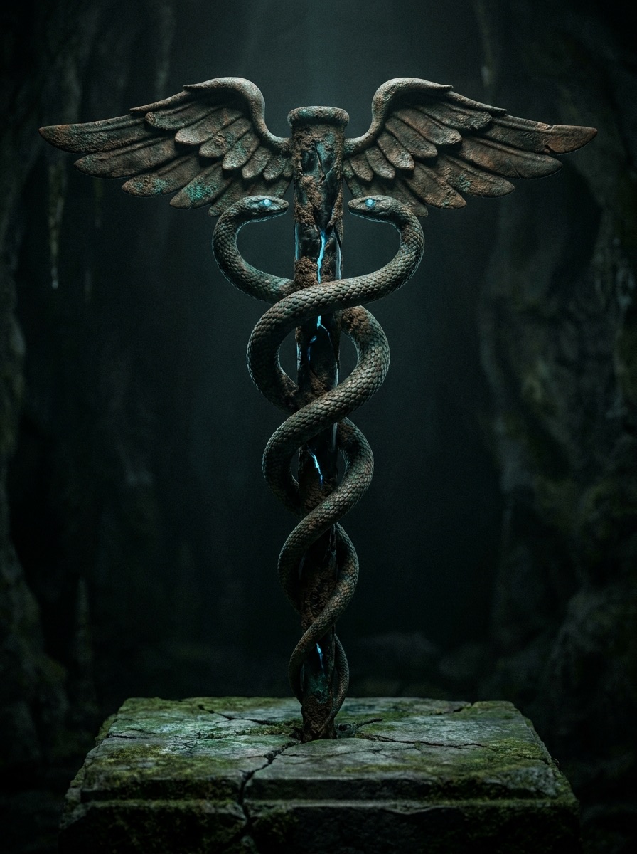 Caduceus entity image. The Caduceus is a messenger's staff in Greek mythology, commonly associated with Hermes. It is also known as Hermes' Wand, the Messenger's Staff, and the Double Serpent Staff. It is usually described as a staff wound with two snakes, sometimes topped with a pair of wings, and it symbolizes heraldry, passage, mediation, and the identity of a divine messenger.