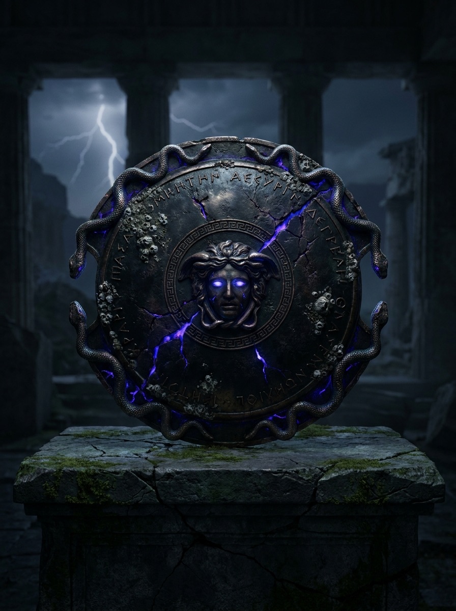 Aegis entity image. The Aegis is a sacred protective implement and emblem of sovereignty in Greek mythology. It belongs chiefly to Zeus, but is also often held or worn by Athena. It is commonly described as a shield, breastplate, or tasseled goatskin, with aliases such as Divine Shield, Aegis of Zeus, and Aegis of Athena, and is sometimes associated with the head of the Gorgon.