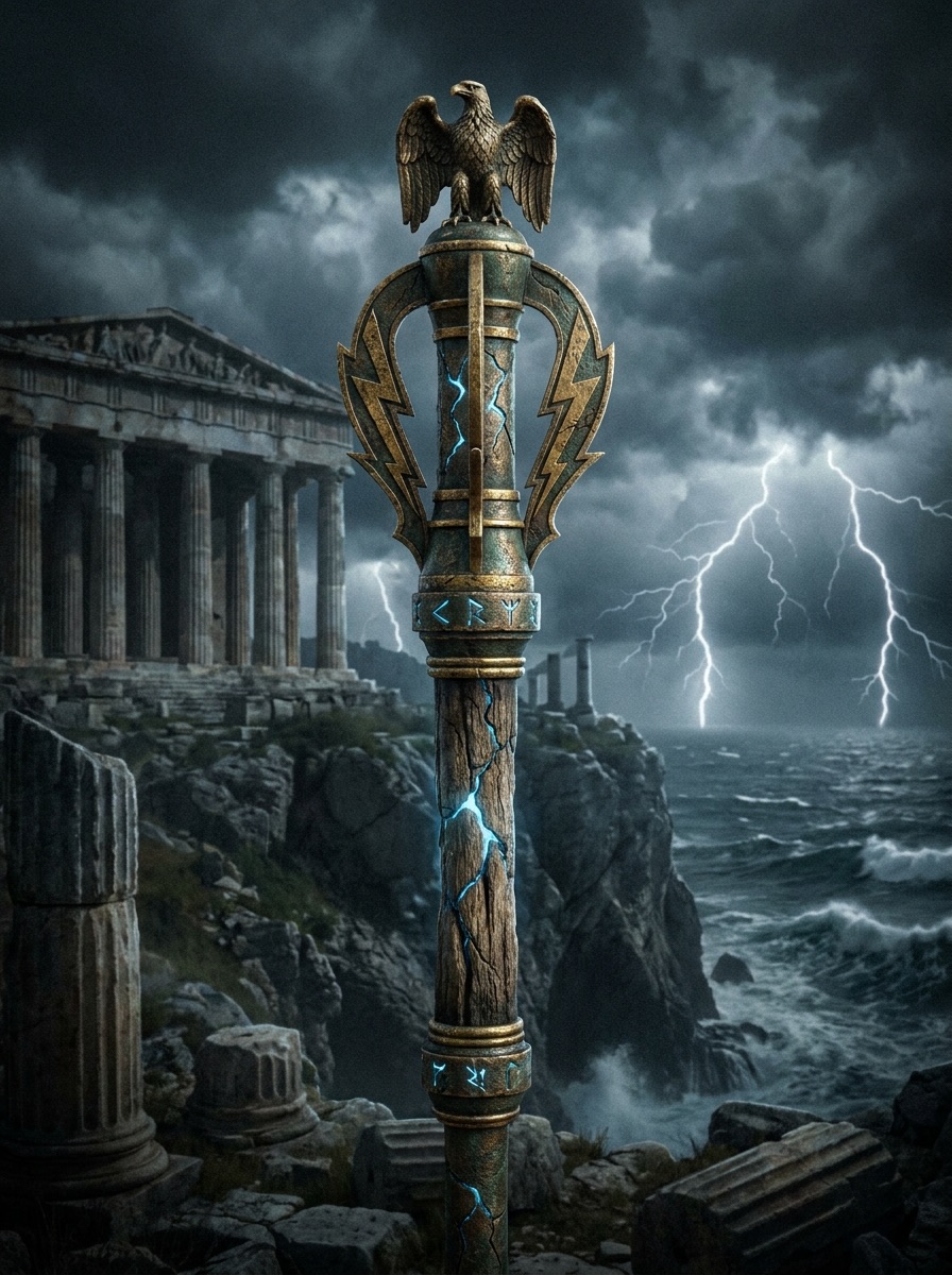 Zeus' Sacred Sceptre entity image. Zeus' Sacred Sceptre is a sacred regalia object in Greek mythology associated with Zeus' kingship, symbolizing supreme rule, command, and judgment. The available narrative material directly preserves only a scene in which a sceptre is used as a token of royal authority in The Trial of the Army by Agamemnon, and does not clearly recount a full origin story in which Zeus himself bears the sceptre.