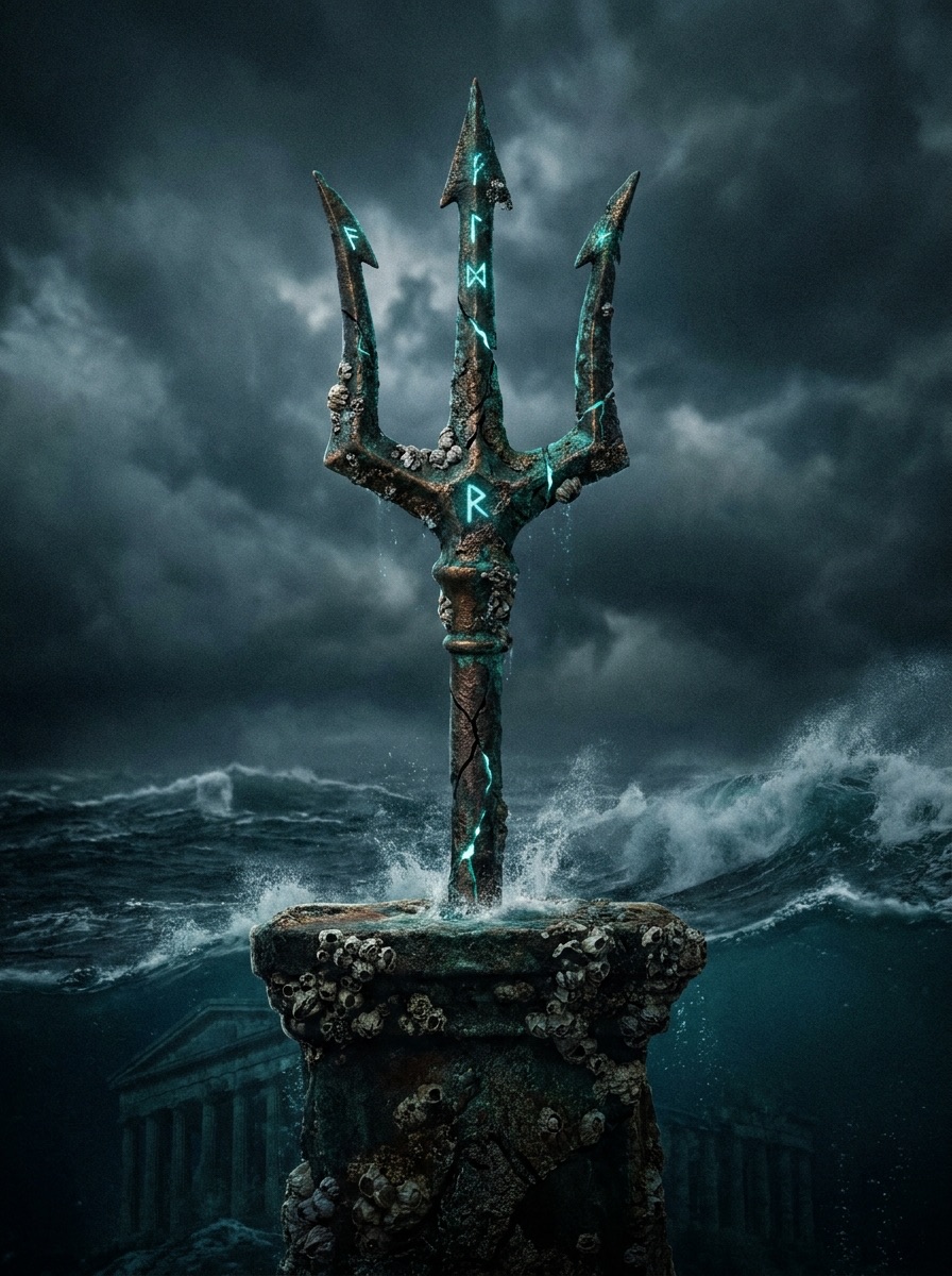 Trident of Poseidon entity image. The Trident of Poseidon is the signature weapon of Poseidon, the sea god in Greek mythology. It is also known as the Sea God's Trident or Poseidon's Trident. It is closely associated with Poseidon's authority over the sea. In the contest for the naming rights of Athens, Poseidon struck open the rock with it, causing salt water to surge from the cleft.