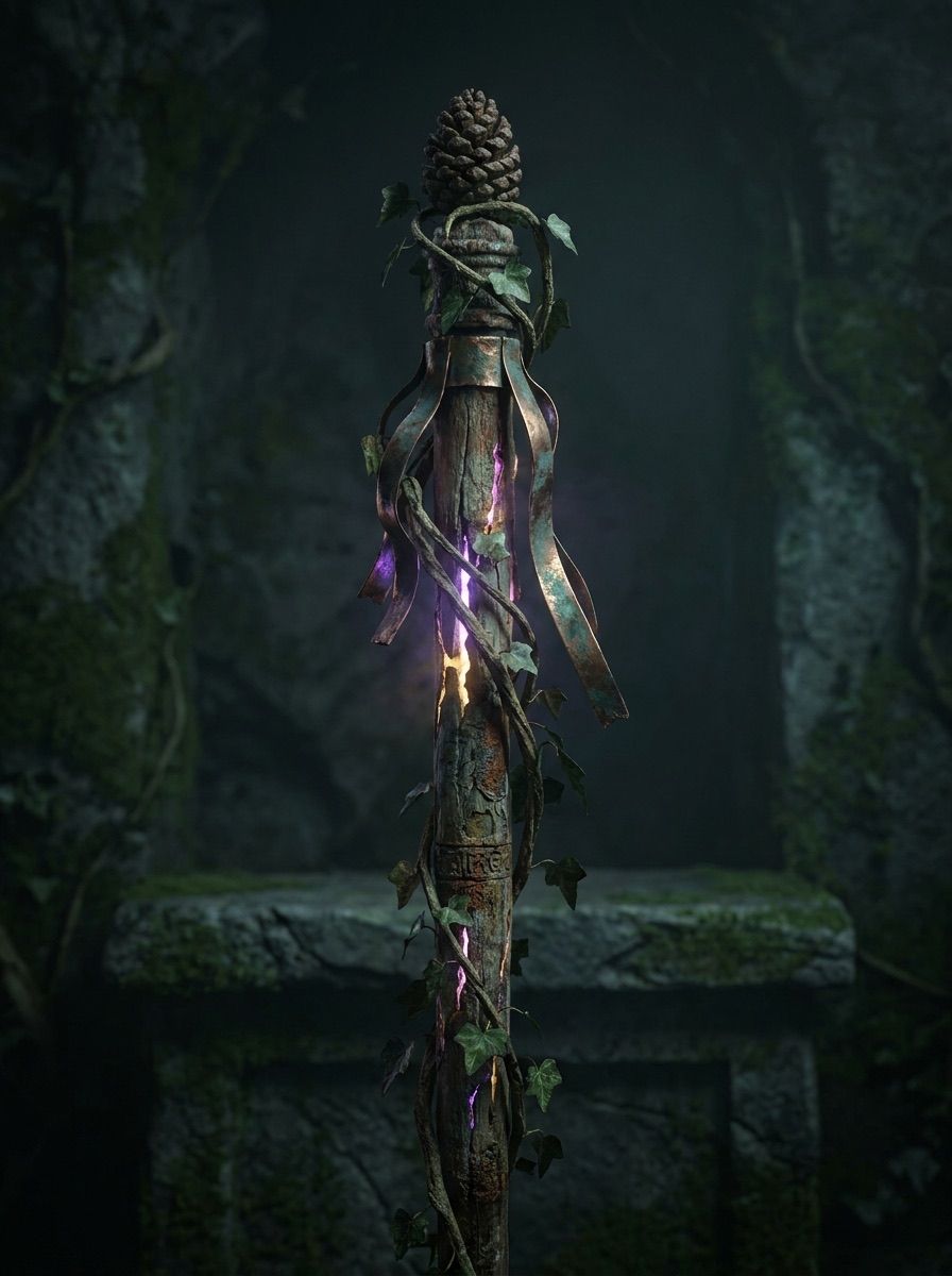 Thyrsus entity image. The thyrsus is a common divine staff in Greek mythology, often associated with Dionysus and his followers. It is usually depicted as a long staff wreathed in ivy. It serves both as a walking staff and as a sign of Dionysian procession and manifested divine power.