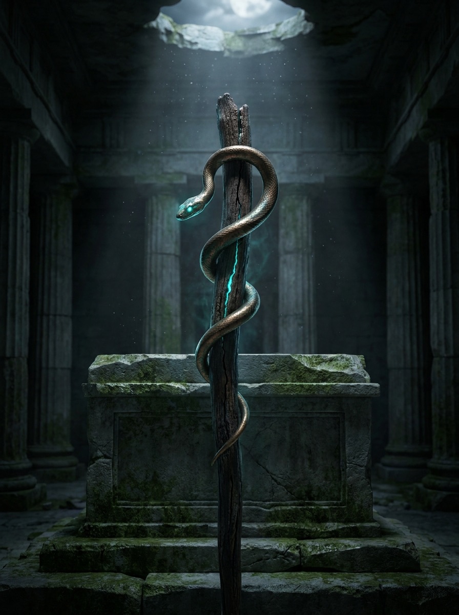 Rod of Asclepius entity image. The Rod of Asclepius is a staff associated in Greek mythology with Asclepius, the god of medicine. Its common image is a single serpent coiled around a rod. Also known as the Asclepian Staff or Serpent Staff, it chiefly symbolizes medicine, healing, and the authority of the physician.
