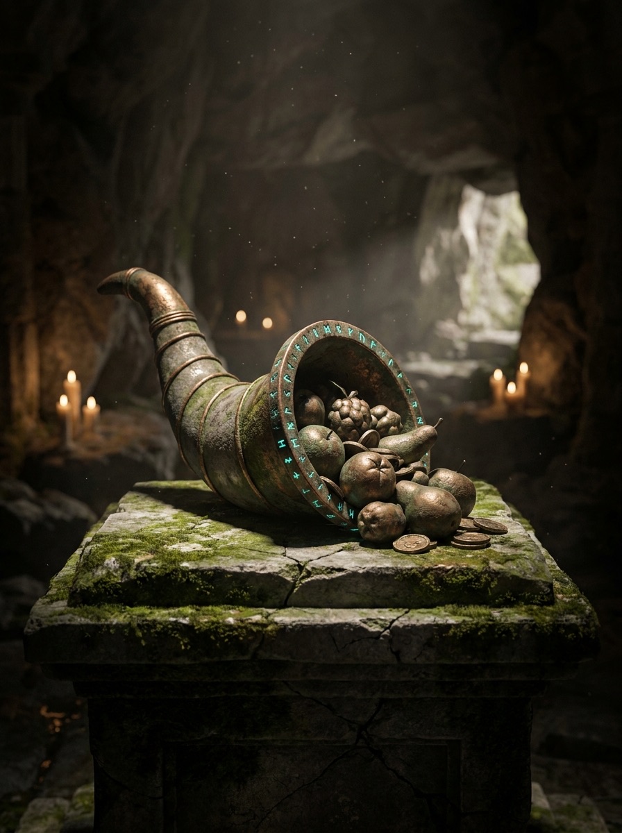 Cornucopia entity image. The Cornucopia is a horn-shaped vessel in Greek mythological tradition, often regarded as a symbol of abundance, food, and harvest. It is commonly associated with Amalthea, the goat who nursed the infant Zeus, and is also called the Horn of Plenty, Horn of Abundance, or Horn of Amalthea.