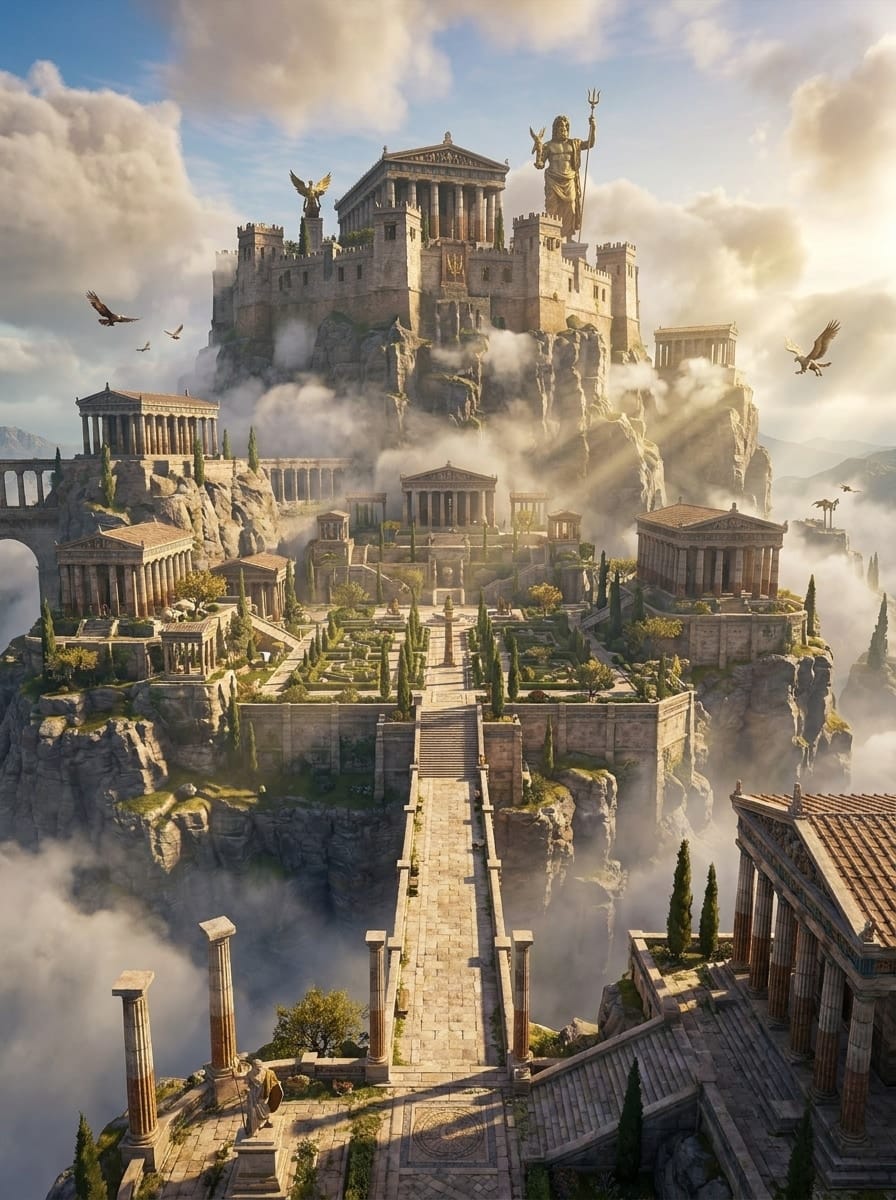 Olympus entity image. Olympus is the home of the Olympian gods in Greek mythology and the sacred mountain of the new divine order established by Zeus. In the stories, it is the high place where the gods gather, deliberate, and feast, as well as the central seat challenged by hostile powers such as the Titans, the Giants, and Typhon.