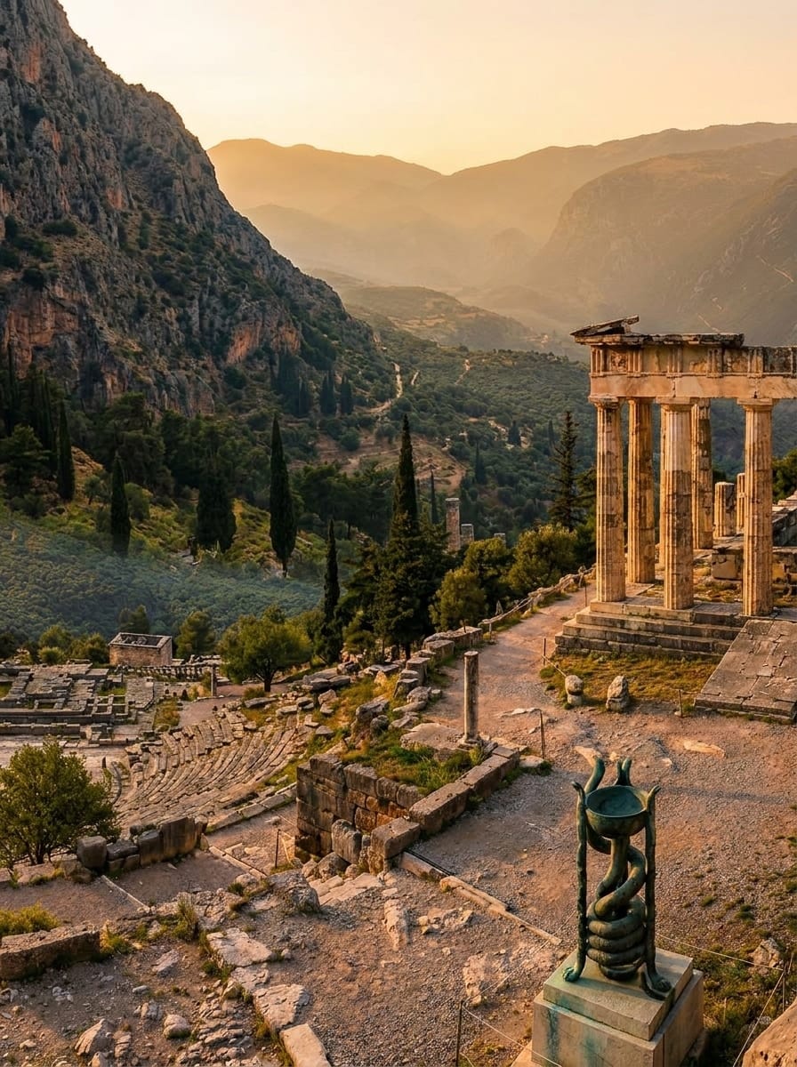 Delphi entity image. Delphi is the sanctuary of Apollo's oracle below Mount Parnassus and one of the most important places of consultation in Greek myth. It is known for the tradition in which Apollo killed the serpent Python, founded the sanctuary, and spoke his will through a priestess.