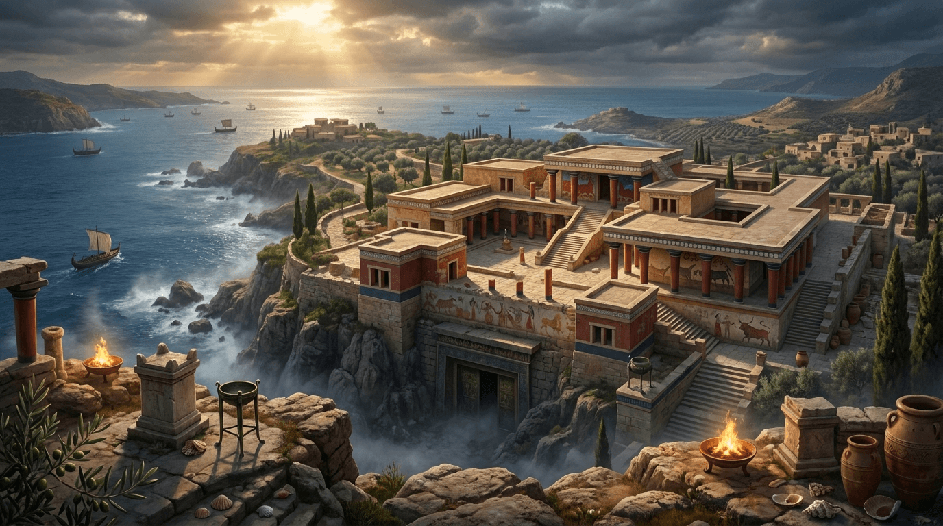 imagen del lugar de Creta. Creta es una gran isla rodeada por el mar en la mitología griega, vinculada al nacimiento de Zeus, la llegada de Europa, la corte del rey Minos y la tradición del Laberinto. Es a la vez el refugio de infancia del rey de los dioses y el escenario central de los relatos sobre la realeza cretense, el Minotauro y Dédalo.