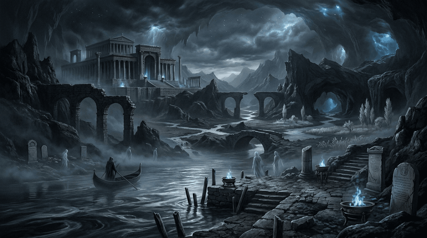 imagen del lugar de Inframundo. El Inframundo es el mundo subterráneo al que van las almas de los muertos en la mitología griega, y el reino gobernado por Hades y Perséfone. Ocupa un lugar central en los relatos de descensos heroicos, apariciones de difuntos y orden tras la muerte.