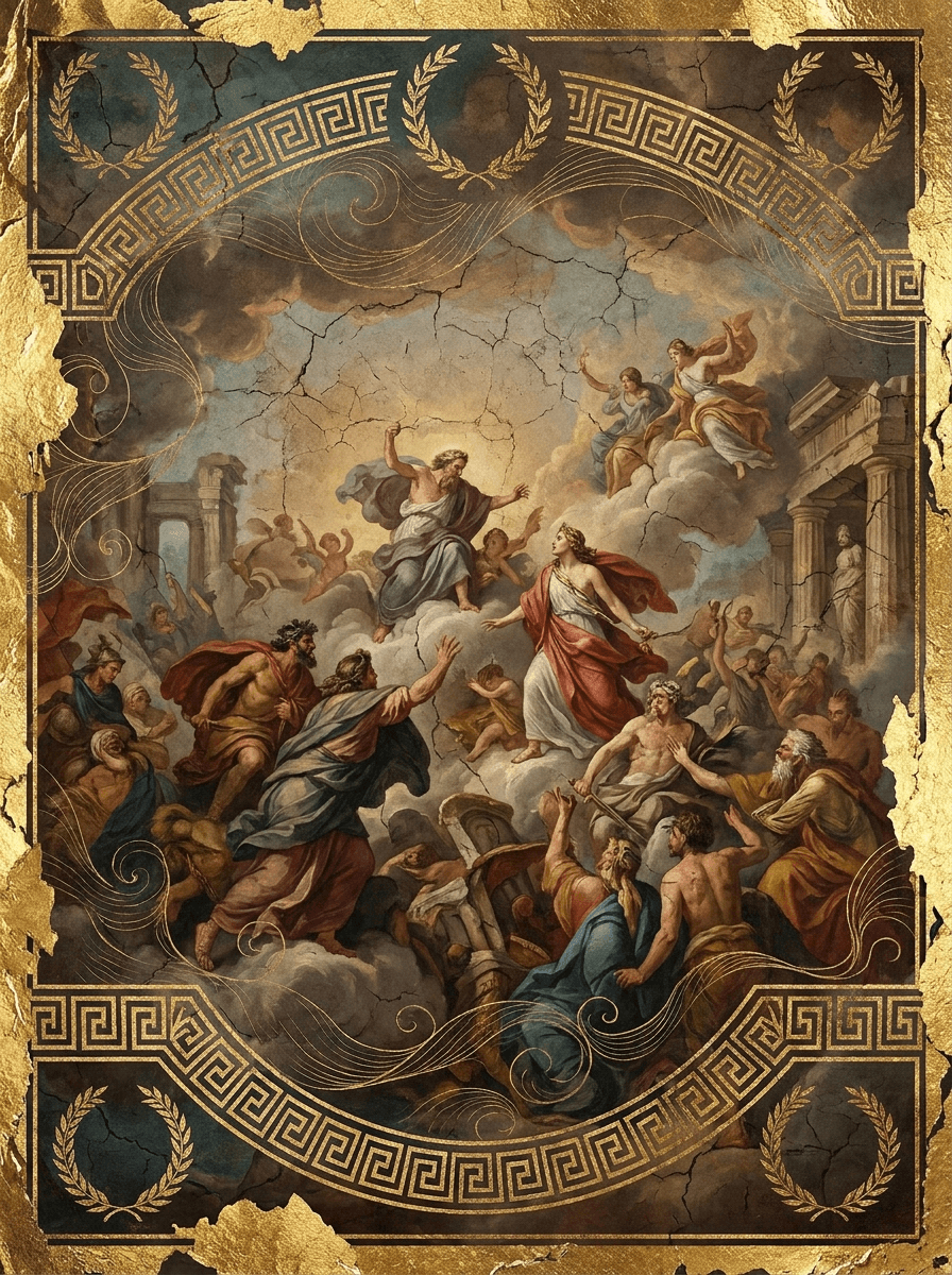 imagen de la entidad de Titanomaquia. Zeus conduce a la nueva generación de dioses olímpicos en una guerra de diez años contra los Titanes, la antigua raza divina que había gobernado el mundo. Rayos, montañas y poderes divinos chocan a escala cósmica. Con la ayuda de los Cíclopes, los Hecatónquiros y algunas divinidades aliadas, Zeus acaba venciendo, encierra a los Titanes en el Tártaro y establece el nuevo orden olímpico.