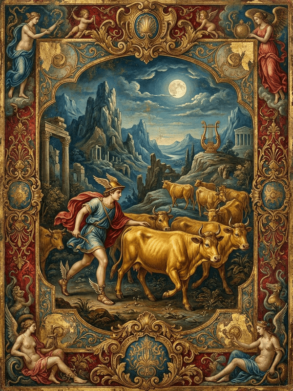 Hermes Steals Apollo’s Cattle entity image. Greek Mythology