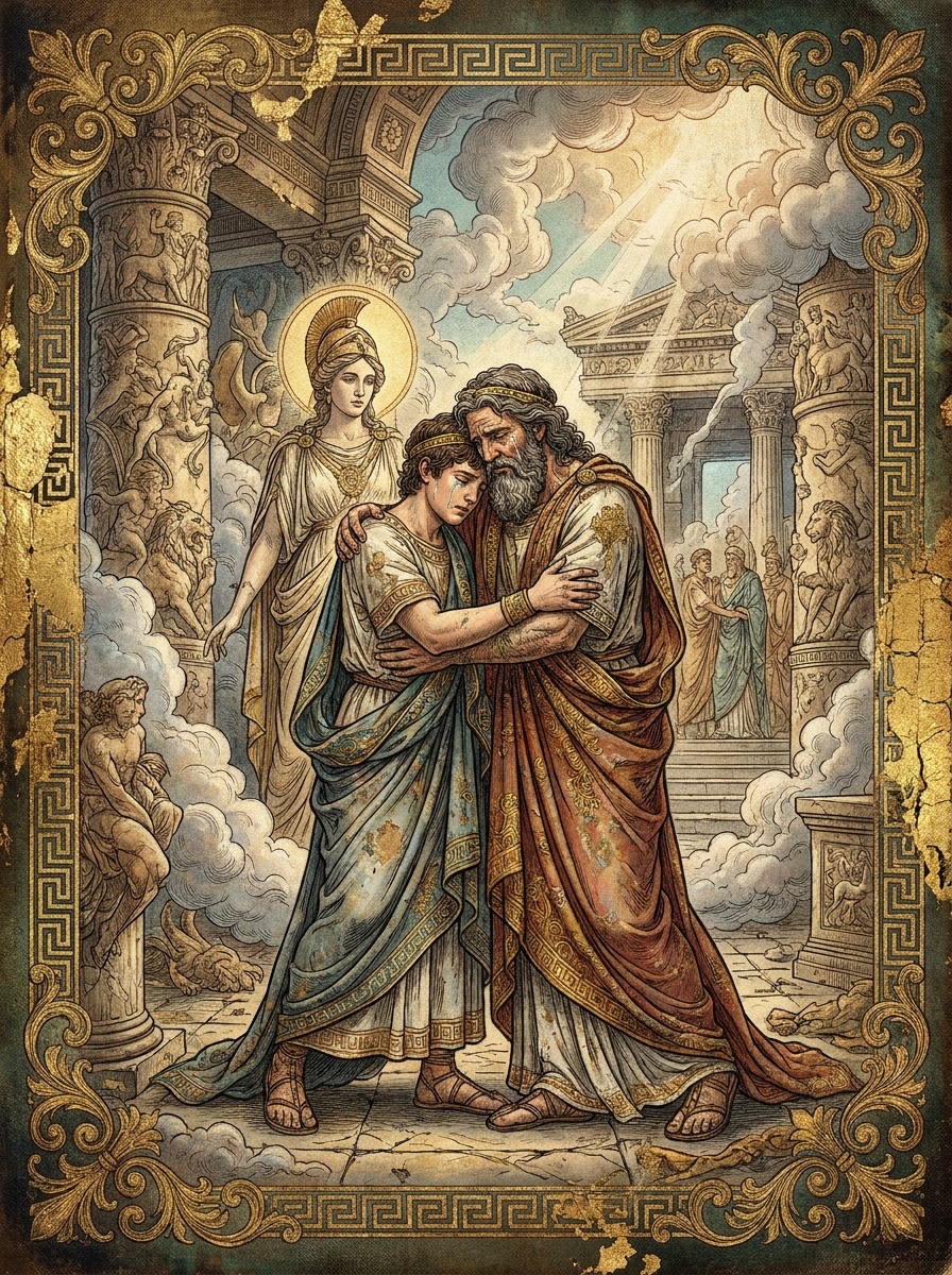 image de l'entité de Le père et le fils se reconnaissent. Mythologie grecque