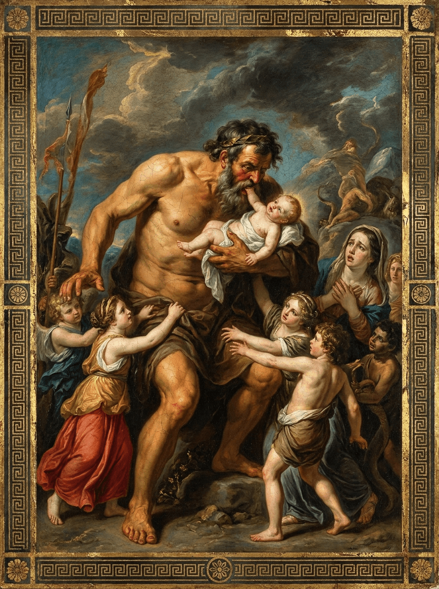 imagen de la entidad de Crono devora a sus hijos. Después de derrocar a su padre, Crono se convirtió en soberano del cielo; pero temía que sus propios hijos le arrebataran también el trono, y por eso fue tragándose a cada recién nacido. Rea, incapaz de soportarlo por más tiempo, ocultó con ayuda de Gea y Urano a su hijo menor, Zeus, y engañó a Crono entregándole una piedra envuelta en pañales.