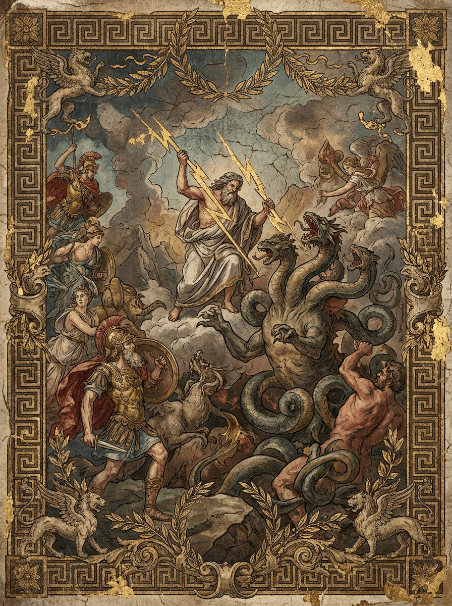 imagen de la entidad de La batalla contra Tifón. Después de la derrota de los Titanes, Gea, la diosa de la Tierra, engendró al terrible Tifón y lo lanzó contra el cielo para desafiar a Zeus. El dios llegó a ser herido y apresado, pero más tarde recobró sus fuerzas, persiguió al monstruo con el rayo y acabó sepultándolo bajo el monte Etna.