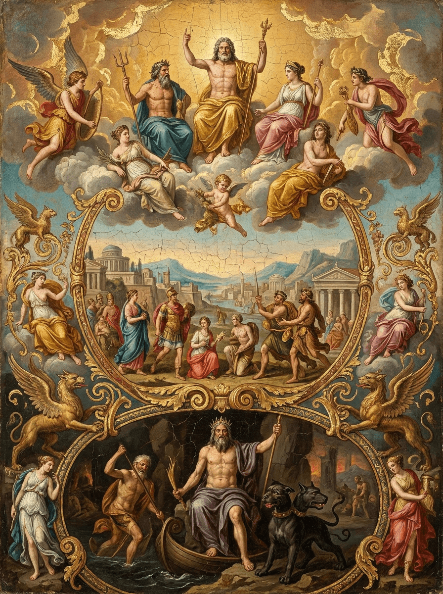 imagen de la entidad de La división del mundo y el orden del Olimpo. Tras el final de la guerra contra los Titanes, Zeus y sus hermanos se repartieron el dominio del mundo: a Zeus le tocó el cielo, a Poseidón el mar y a Hades el reino de los muertos. Luego, el nuevo rey divino asentó a los dioses en el monte Olimpo. Así cesaron por un tiempo las antiguas luchas caóticas: cada dios recibió su lugar, y el mundo tuvo nuevos señores.