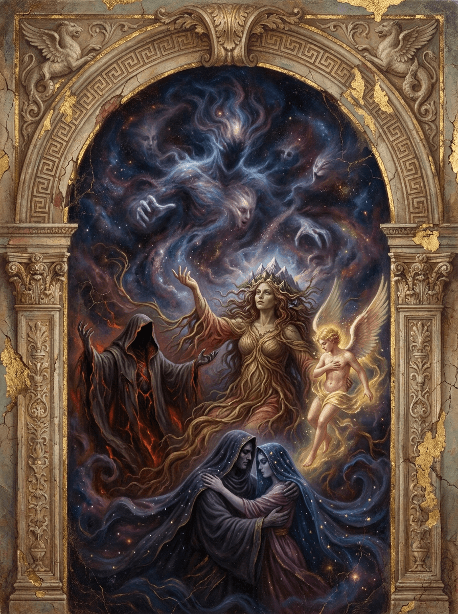 imagen de la entidad de Caos y los dioses primordiales. En el principio no había montes, ni mar, ni cielo. Primero apareció Caos, el vacío primordial personificado, como una abertura inmensa en el origen de todo. Después llegaron Gea, Tártaro, Eros, la Noche y la Oscuridad, y de ellos comenzaron a nacer los primeros dioses y los contornos del mundo.