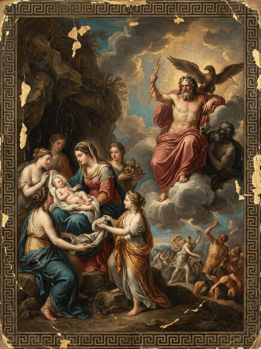imagen de la entidad de El nacimiento y regreso de Zeus. Crono, temeroso de ser destronado por sus propios hijos, fue devorando uno tras otro a los niños que Rea daba a luz. Rea ocultó a su hijo menor, Zeus, y engañó a su esposo con una piedra envuelta en pañales. Más tarde, Zeus creció, regresó y liberó a sus hermanos y hermanas, llevando el reinado de Crono hacia su fin.