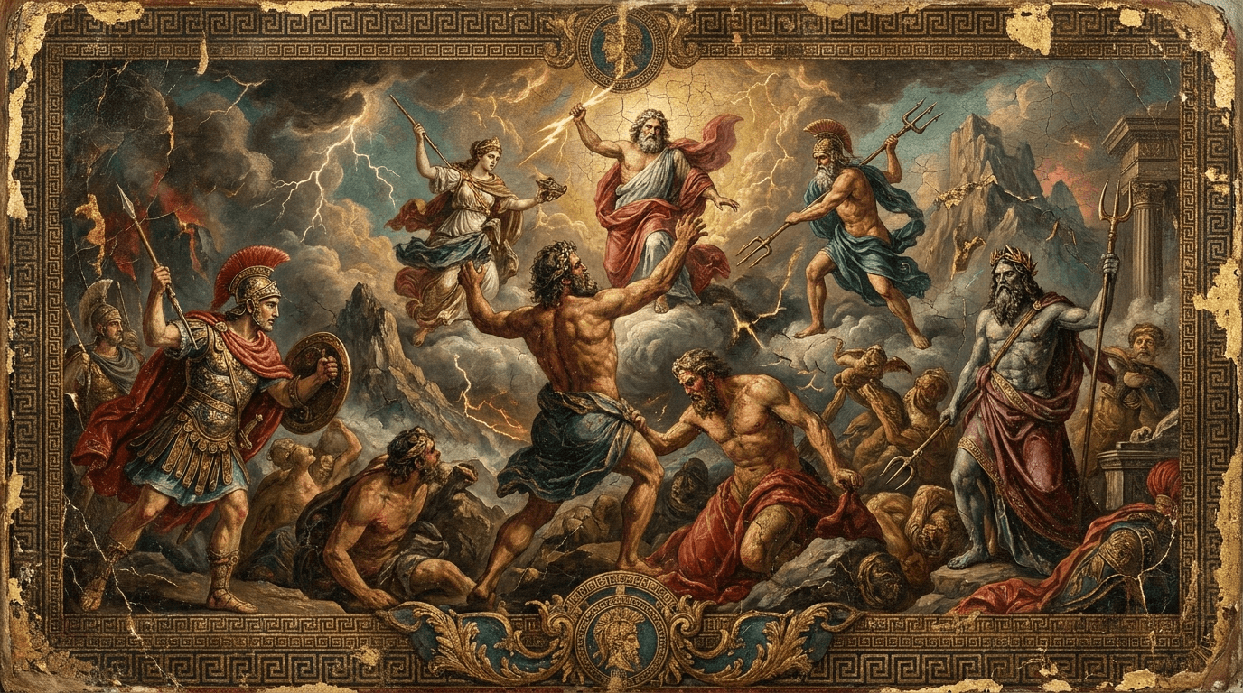 ilustración de la historia de La guerra de los Titanes. Crono temía que uno de sus hijos lo destronara, y por eso devoraba, uno tras otro, a los niños que Rea daba...