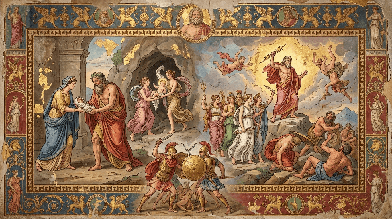 ilustración de la historia de El nacimiento y regreso de Zeus. Después de derrocar a Urano, Crono ocupó el trono como rey de los dioses, pero la antigua profecía nunca dejó de perseguirlo:...